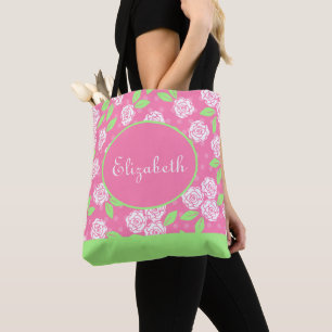 Bolso De Tela Nombre de monograma Rosa Verde Shabby Chic Floral