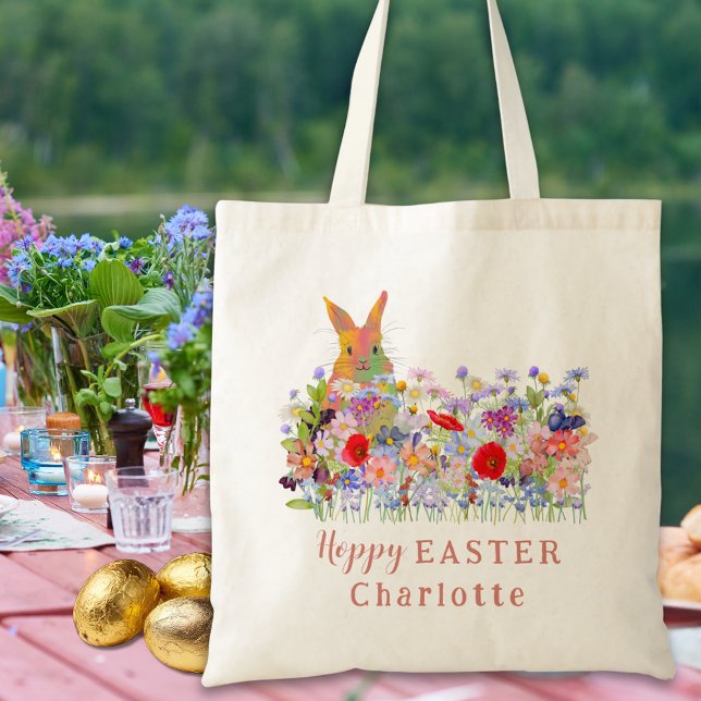 Bolso De Tela Nombre de niño con flores silvestres y huevos de p (Personalized easter egg hunt cute colorful bunny wildflower floral tote bag)