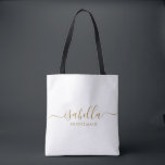 Bolso De Tela Nombre de oro del regalo de la dama de honor<br><div class="desc">Esta bolsa de maquillaje y accesorios de la dama de honor presenta una tipografía de escritura dorada escrita a mano con toques en un fondo blanco o medianoche. Presenta a las damas de honor un neceser para su maquillaje y objetos pequeños presentados tradicionalmente en la cena de ensayo, para su...</div>