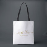 Bolso De Tela Nombre de oro del regalo de la dama de honor<br><div class="desc">Esta bolsa de maquillaje y accesorios de la dama de honor presenta una tipografía de escritura dorada escrita a mano con toques en un fondo blanco o medianoche. Presenta a las damas de honor un neceser para su maquillaje y objetos pequeños presentados tradicionalmente en la cena de ensayo, para su...</div>
