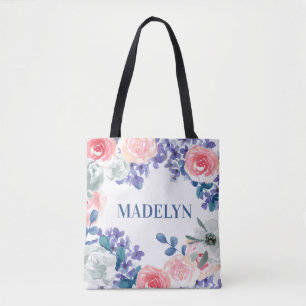Bolso De Tela Nombre de Personalizable floral acuarela caprichos