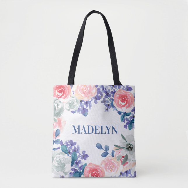 Bolso De Tela Nombre de Personalizable floral acuarela caprichos (Anverso)