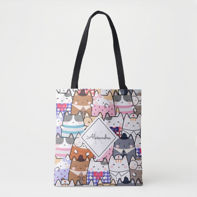 Bolso De Tela Nombre del Chica de monograma del patrón de gatito (Anverso)