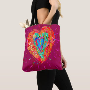 Bolso De Tela Nombre del corazón azul turquesa rosa hippie retr