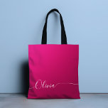 Bolso De Tela Nombre del guión de caligrafía elegante de color b<br><div class="desc">Personalizado de escritura elegante de caligrafía rosa brillante blanco personalizado Añadir su propio nombre Monograma Bolsa de libros de tote con un diseño moderno y moderno, sencillo y elegante, personalizado con su nombre o inicial en una tipografía de caligrafía escrita a mano elegante con un fondo de brillantez rosado metálico....</div>