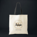 Bolso De Tela Nombre del guión inicial del monograma de la moda<br><div class="desc">Una simple bolsa de tetas se personaliza con tu nombre de pila sobre tu nombre de pila inicial o de apellido rodeado de círculos de bronceado y tu nombre completo debajo. Ideal para usted, para sus damas de honor, club de lectura o regalos de cumpleaños. MÁS colores en nuestra tienda....</div>