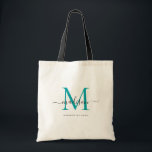 Bolso De Tela Nombre del guión inicial del monograma negro verde<br><div class="desc">Moderno trendy Elegante Verde azulado Monograma Negro Verde Inicial Script Nombre Tote Bag</div>