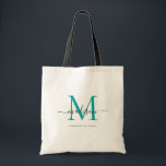Bolso De Tela Nombre del guión inicial del monograma negro verde<br><div class="desc">Moderno trendy Elegante Verde azulado Monograma Negro Verde Inicial Script Nombre Tote Bag</div>