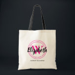 Bolso De Tela Nombre del guión inicial del monograma rosado cali<br><div class="desc">Una simple bolsa de tetas se personaliza con tu nombre de pila sobre tu nombre inicial de primer o segundo nombre rodeado de círculos rosados calientes y tu nombre completo debajo. Ideal para usted, para sus damas de honor, club de lectura o regalos de cumpleaños. MÁS colores en nuestra tienda....</div>