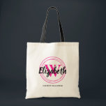 Bolso De Tela Nombre del guión inicial del monograma rosado cali<br><div class="desc">Una simple bolsa de tetas se personaliza con tu nombre de pila sobre tu nombre inicial de primer o segundo nombre rodeado de círculos rosados calientes y tu nombre completo debajo. Ideal para usted, para sus damas de honor, club de lectura o regalos de cumpleaños. MÁS colores en nuestra tienda....</div>