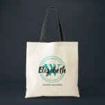 Bolso De Tela Nombre del guión inicial del monograma turquesa de<br><div class="desc">Una simple bolsa de tetas se personaliza con tu nombre de pila sobre tu nombre inicial de primer o segundo nombre rodeado de círculos turquesas y tu nombre completo debajo. Ideal para usted,  para sus damas de honor,  club de lectura o regalos de cumpleaños. MÁS colores en nuestra tienda.</div>