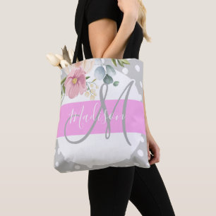 Bolso De Tela Nombre del monograma de gris rosa rosa rosa blanco