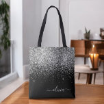 Bolso De Tela Nombre del monograma de la parrilla del Purpurina<br><div class="desc">Bolsa de libros monograma elegante de color negro y plateado. Esta Bolsa de Libros puede ser personalizada para incluir su nombre inicial y de pila y entregarse como regalo para Navidades,  Dulce 16 Cumpleaños,  Ducha de Novias o un Boda.</div>