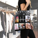 Bolso De Tela Nombre del monograma del collage de fotos del purp<br><div class="desc">Un regalo único para un cumpleaños, Navidades, el día de la madre, celebrando su vida con un collage de 5 fotos, fotos propias. Personalice y añada su nombre y letra de monograma. Un elegante fondo negro. Decorada con polvo falso purpurina de plata. Letras y números grises y blancos. El nombre...</div>