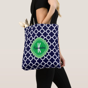 Bolso De Tela Nombre del monograma del verde de azules marinos