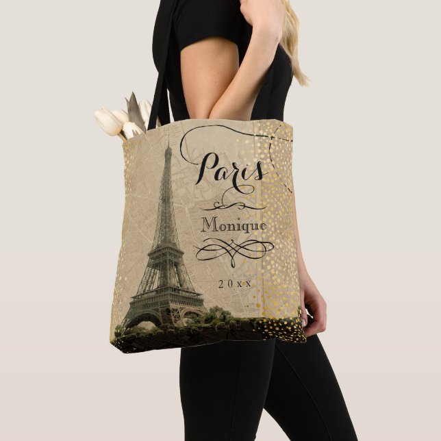 Bolso De Tela Nombre del Monograma Eiffel Tower Paris Beige Faux (Detalle)