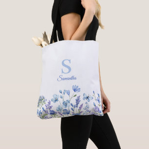 Bolso De Tela Nombre del monograma floral azul