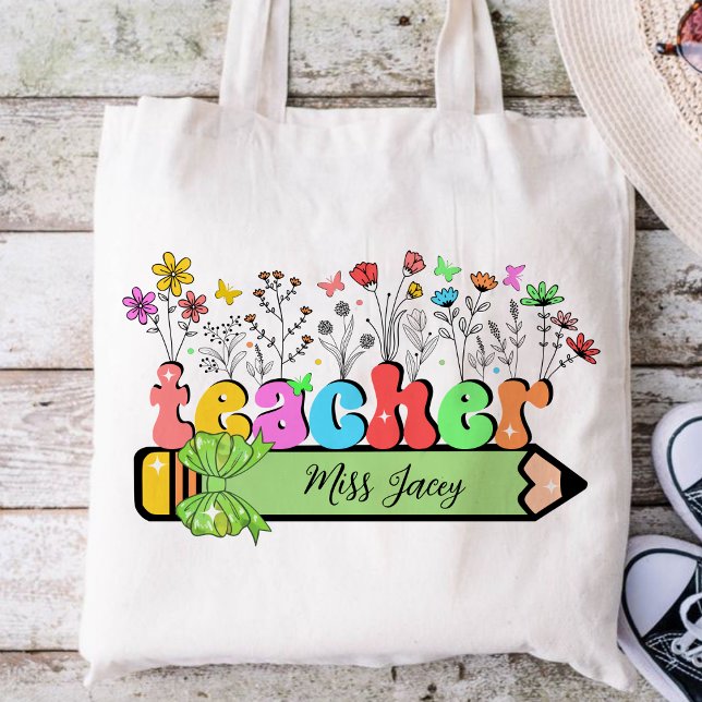 Bolso De Tela Nombre del profesor de Flor silvestre Personalizad (Wildflower Teacher Name, Custom Teacher name, Personalized Teacher, Gift for Teacher tote bag)