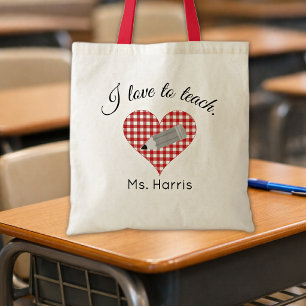Bolso De Tela Nombre del profesor, Me encanta enseñar. Corazón d