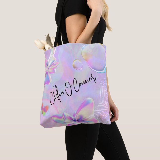Bolso De Tela Nombre del Purpurina holográfico rosa morado (Detalle)