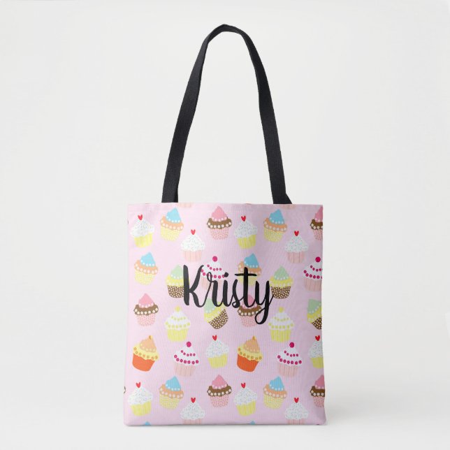 Bolso De Tela Nombre editable Cupakes Art Pink (Anverso)