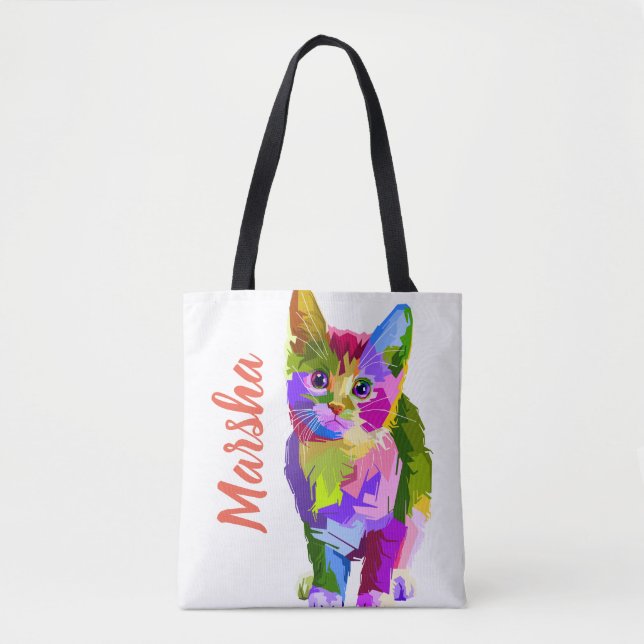 Bolso De Tela Nombre editable de Personalizable Gato artístico c (Anverso)
