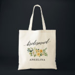 Bolso De Tela Nombre floral amarillo de la dama de honor de la<br><div class="desc">Caligrafía elegante moderna,  la bolsa de asas floral blanca amarilla del nombre de la dama de honor de la acuarela</div>