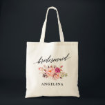 Bolso De Tela Nombre floral de la dama de honor de Rubor del<br><div class="desc">Caligrafía elegante moderna,  la bolsa de asas floral del nombre de la dama de honor de Rubor del rosa de la acuarela</div>