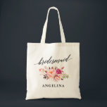 Bolso De Tela Nombre floral de la dama de honor de Rubor del<br><div class="desc">Caligrafía elegante moderna,  la bolsa de asas floral del nombre de la dama de honor de Rubor del rosa de la acuarela</div>