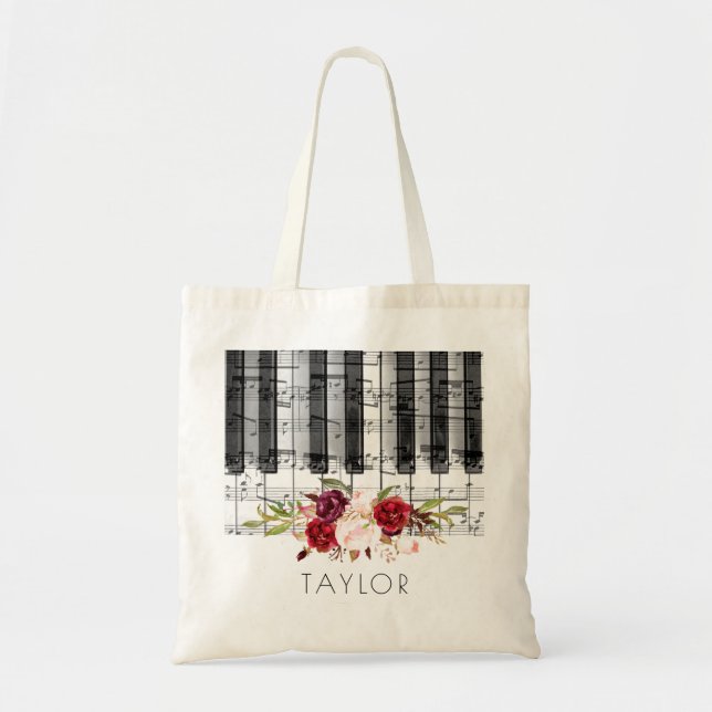 Bolso De Tela nombre floral de piano marsala de música (Frente)