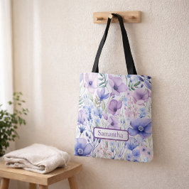 Bolso De Tela Nombre Floral Púrpura Personalizado