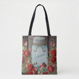 Bolso De Tela Nombre floral rústico azul del tarro de albañil