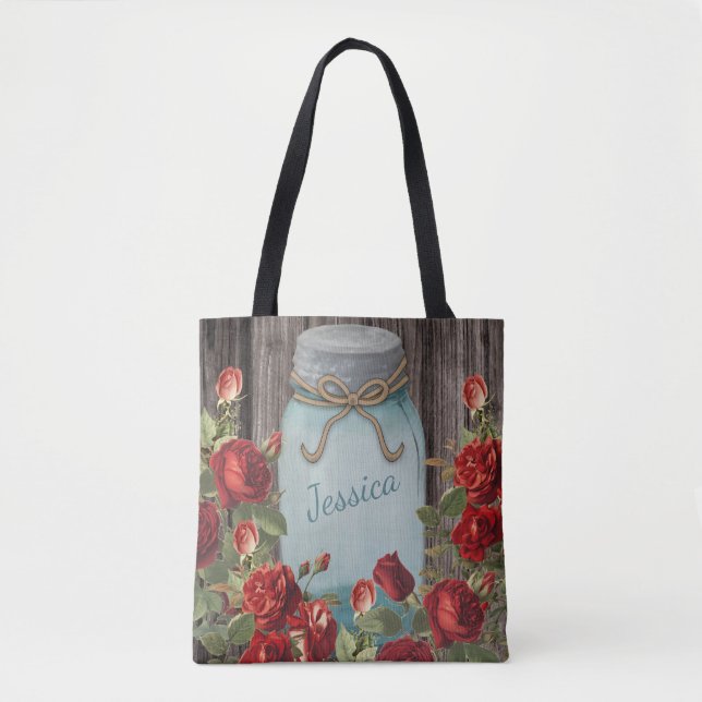 Bolso De Tela Nombre floral rústico azul del tarro de albañil (Anverso)