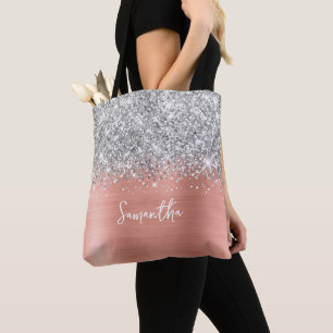 Bolso De Tela Nombre Glam Rosa Melocotón Brillo Plateado