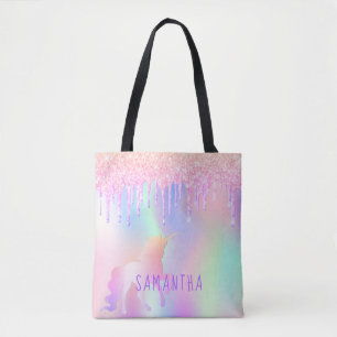 Bolso De Tela Nombre holográfico rosa unicornio