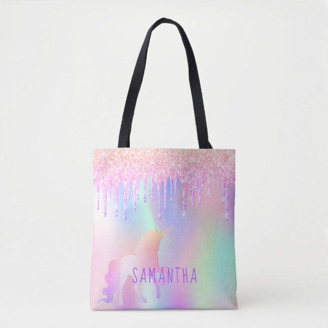 Bolso De Tela Nombre holográfico rosa unicornio (Anverso)