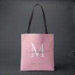 Bolso De Tela Nombre inicial de la secuencia de comandos del mon<br><div class="desc">Monograma elegante de color blanco rosado de Rubor moderno color gris plateado Nombre de guión elegante Bolsa de té inicial</div>