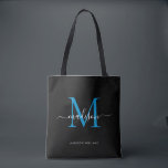 Bolso De Tela Nombre inicial de la secuencia de comandos del mon<br><div class="desc">Monograma azul del océano negro moderno Nombre de guión elegante Bolsa de té inicial</div>