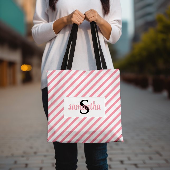 Bolso De Tela Nombre inicial del monograma rosa y blanco (Subido por el creador)