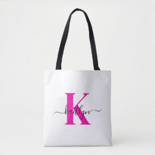 Bolso De Tela Nombre inicial negro rosado caliente monogramado