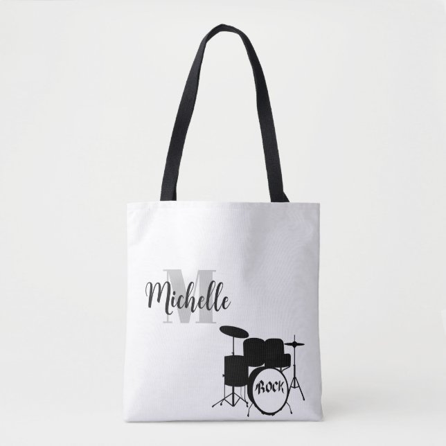Bolso De Tela nombre, inicial y negro Tambores de música tote (Anverso)