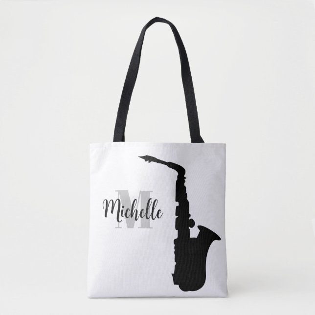Bolso De Tela nombre, inicial y negro treble clef music tobag (Anverso)