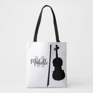 Bolso De Tela nombre, inicial y negro treble clef music tobag