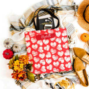 Bolso De Tela Nombre moderno de San Valentín cardíaco rojo y bla