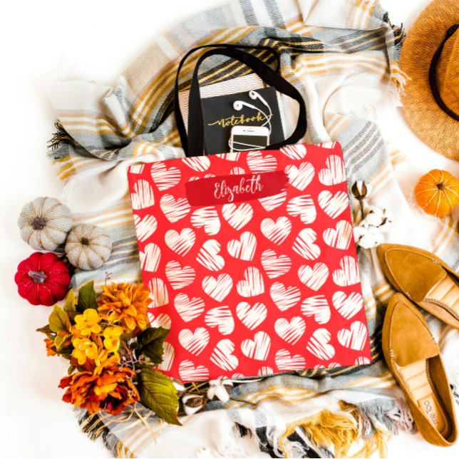 Bolso De Tela Nombre moderno de San Valentín cardíaco rojo y bla (Subido por el creador)