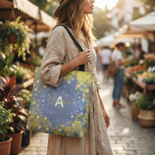 Bolso De Tela Nombre Monograma Brillo Purpurina Falsa Azul y Dor