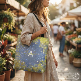 Bolso De Tela Nombre Monograma Brillo Purpurina Falsa Azul y Dor