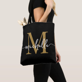 Bolso De Tela Nombre Monograma Chic Femenino Oro Negro Moderno