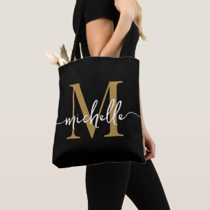 Bolso De Tela Nombre Monograma Chic Femenino Oro Negro Moderno
