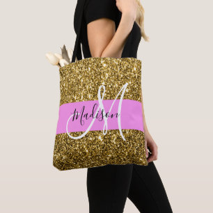 Bolso De Tela Nombre Monograma con Brillo de Rosa y Oro Glam